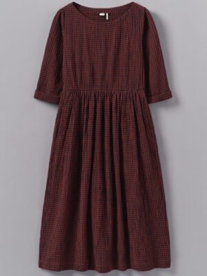 Freya Gingham Crinkle Cotton Dress | Brick/Black