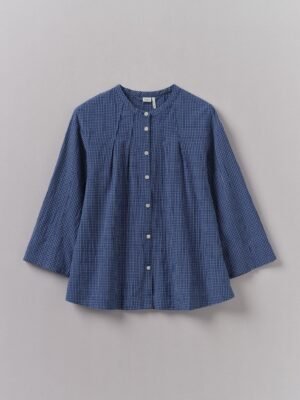 Check Crinkle Cotton Tie Shirt  | Cobalt